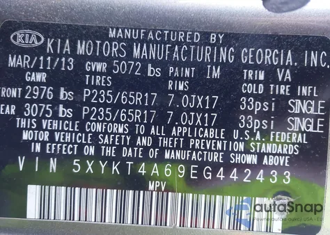 2014 Kia Sorento Lx z USA, uszkodzony, nr VIN 5XYKT4A69EG442433